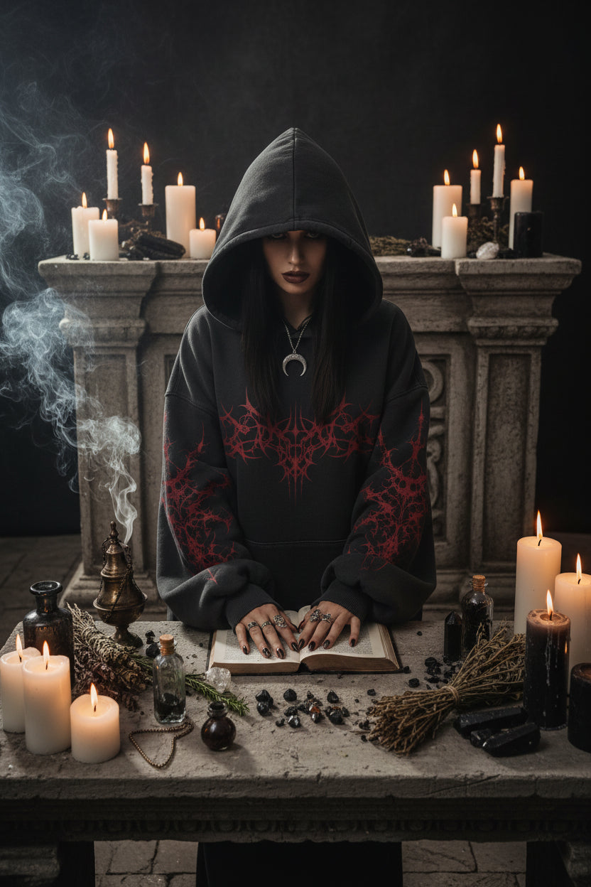 Black hoodie with red designs on a gray background