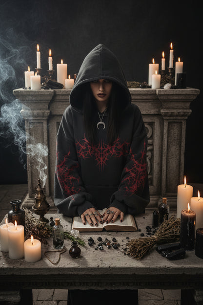 Black hoodie with red designs on a gray background