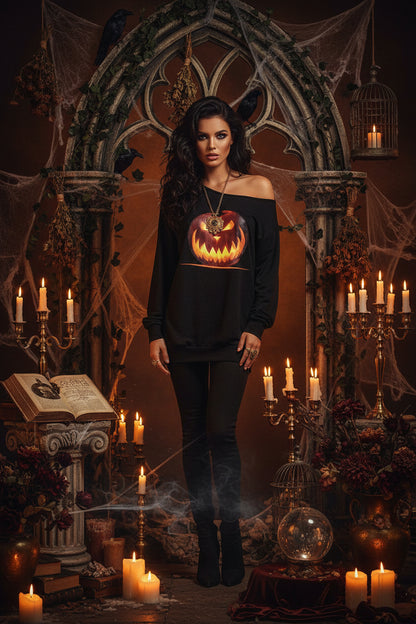 A black off-the-shoulder long-sleeve sweatshirt featuring a large graphic print of a glowing jack-o'-lantern pumpkin on the front, set against a plain white background.