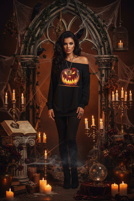 A black off-the-shoulder long-sleeve sweatshirt featuring a large graphic print of a glowing jack-o'-lantern pumpkin on the front, set against a plain white background.