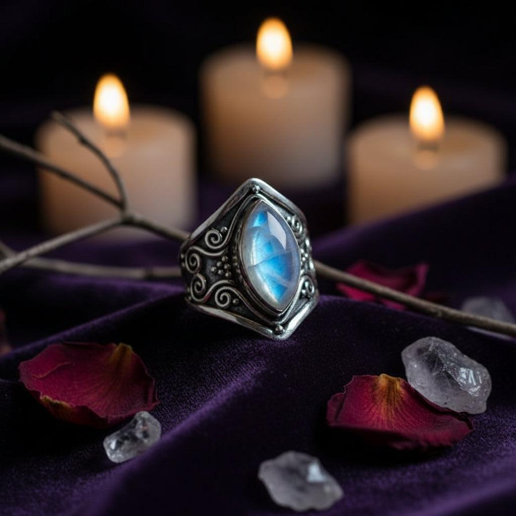 Silver ring with a blue gemstone on a wooden surface