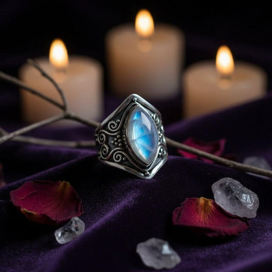Silver ring with a blue gemstone on a wooden surface
