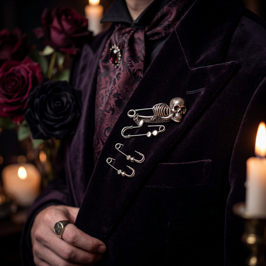 Three-panel collage showing a silver-toned skeleton brooch pinned to clothing on a person: a dark blue skirt, a cream sleeveless top, and a black blazer. The brooch has a skull and ribcage design with safety-pin style clips.