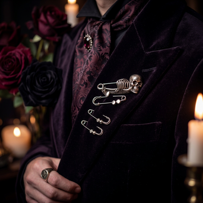Three-panel collage showing a silver-toned skeleton brooch pinned to clothing on a person: a dark blue skirt, a cream sleeveless top, and a black blazer. The brooch has a skull and ribcage design with safety-pin style clips.
