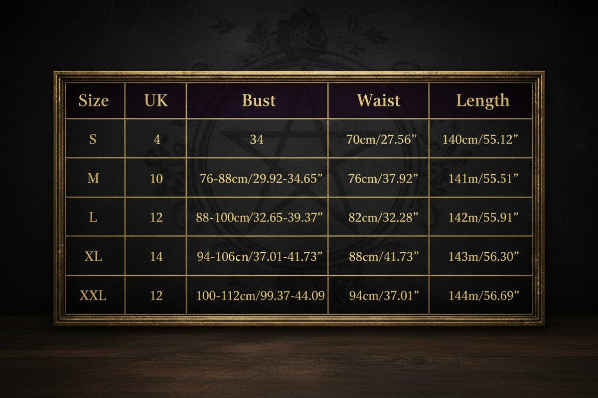 A size chart table showing measurements for sizes S through XXL, with columns for Size, US, UK, EU, Bust, Waist, and Length in both metric and imperial units.