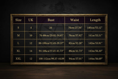 A size chart table showing measurements for sizes S through XXL, with columns for Size, US, UK, EU, Bust, Waist, and Length in both metric and imperial units.