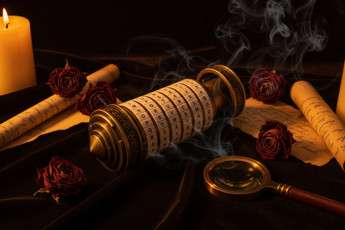 An antique-style cylindrical letter lock cylinder with brass-toned metal ends and white lettered rings, photographed on a dark brown leather surface.