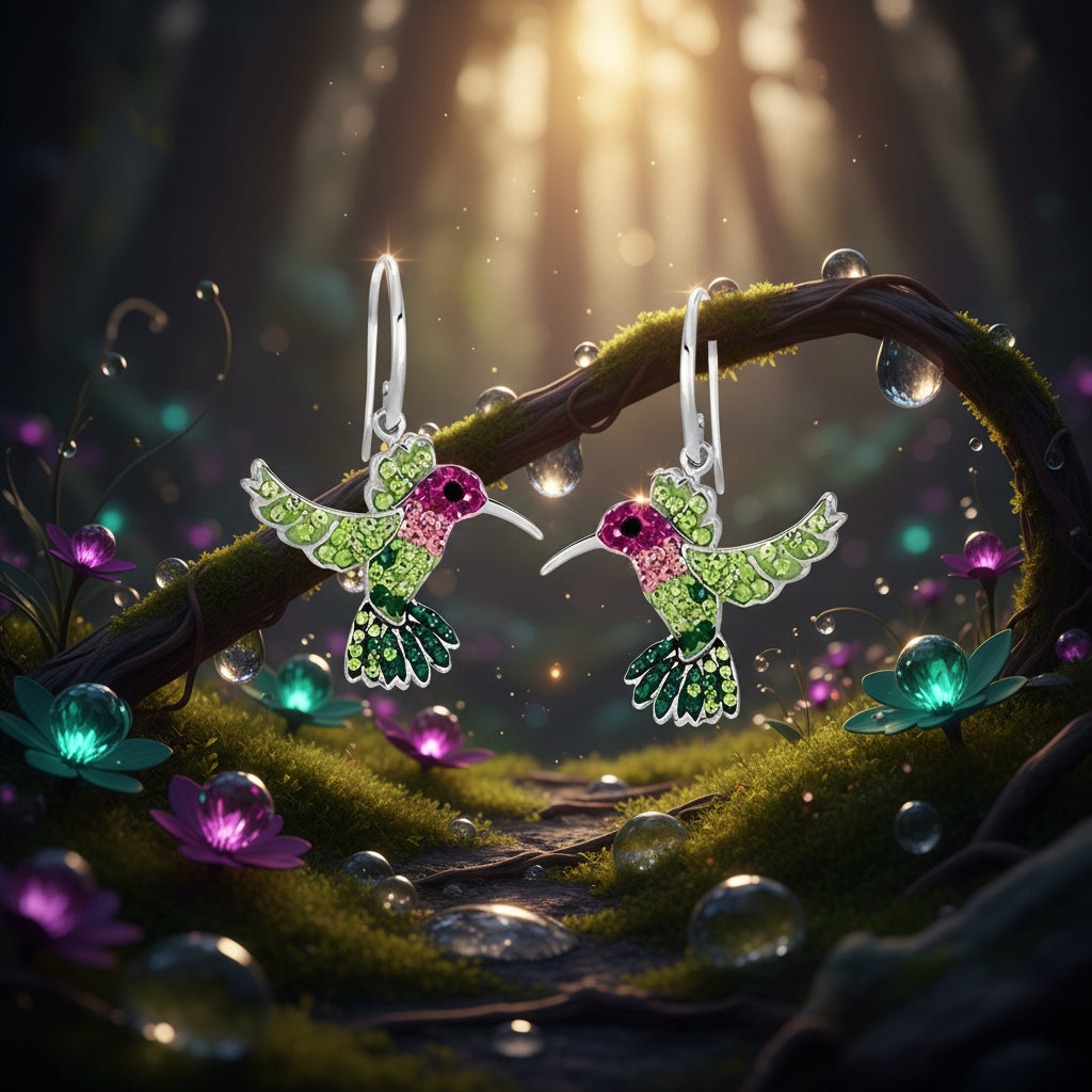 Hummingbird-shaped earrings with green and pink details on a white background