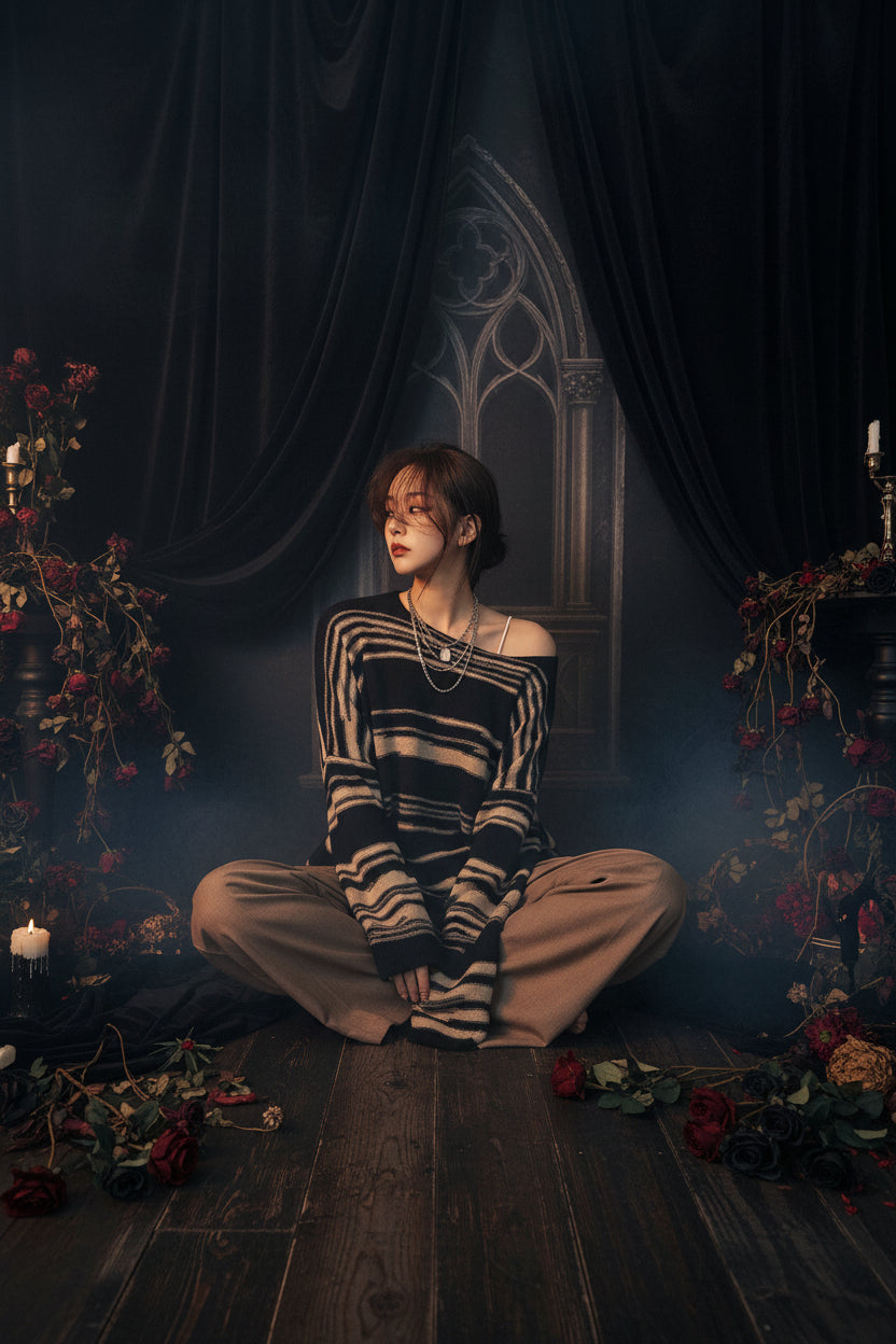 Person wearing a black and beige striped sweater sitting on a bed.