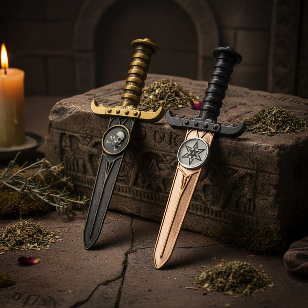 Two decorative swords with ornate handles on a white background