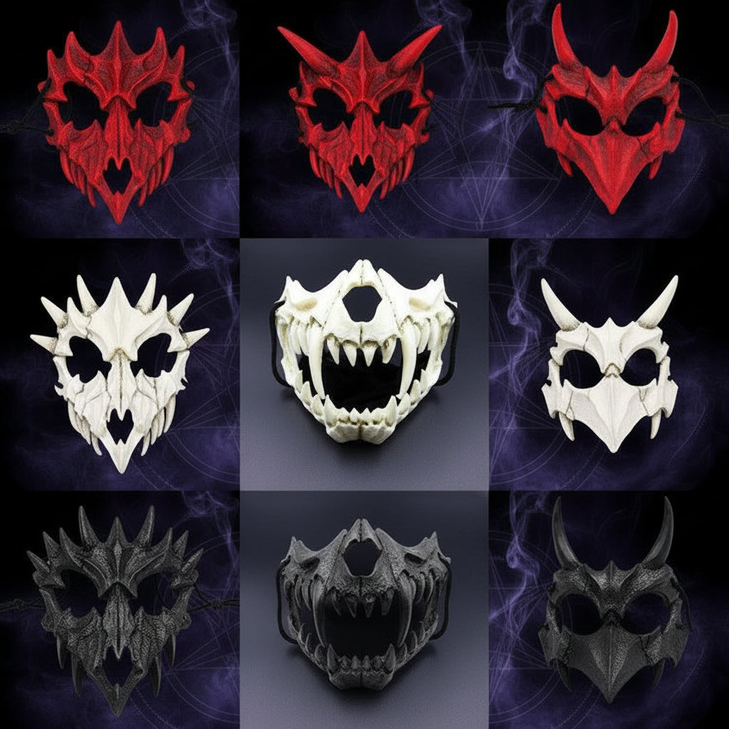 A 3x3 grid showing nine different monster and dragon masks, including red, white, and black skull and horn designs, displayed against white and dark gray backgrounds.
