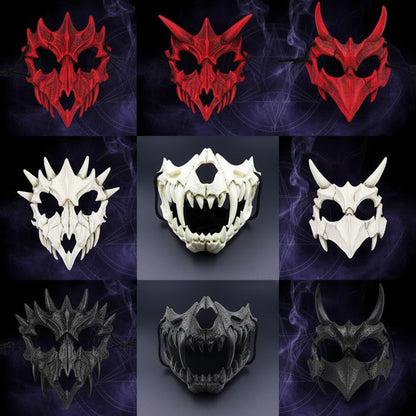 A 3x3 grid showing nine different monster and dragon masks, including red, white, and black skull and horn designs, displayed against white and dark gray backgrounds.