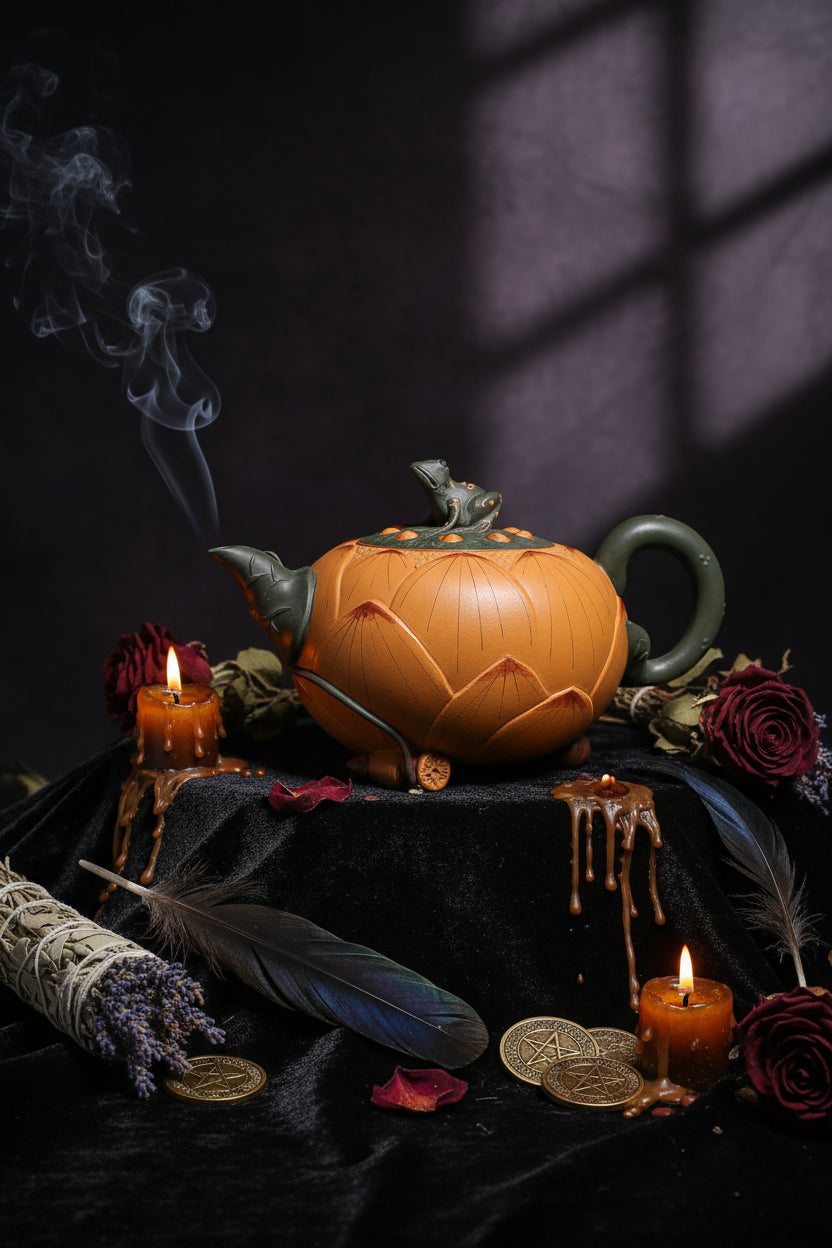 A decorative teapot shaped like a lotus flower, featuring a warm orange body with painted red and green petal details, a dark green handle and spout, and a frog-shaped lid topper, photographed against a dark gradient studio background.