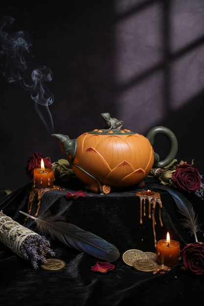 A decorative teapot shaped like a lotus flower, featuring a warm orange body with painted red and green petal details, a dark green handle and spout, and a frog-shaped lid topper, photographed against a dark gradient studio background.