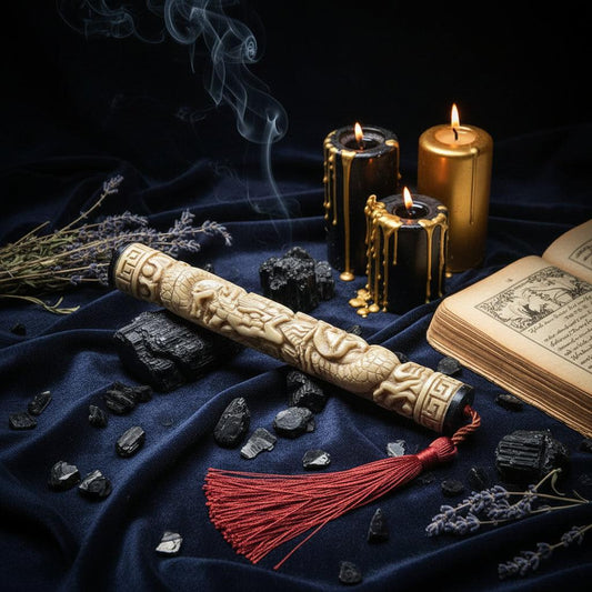 A carved wooden incense stick holder or ceremonial rod with a tassel, displayed on a woven box with a small metallic figurine behind it in a dark styled setting.