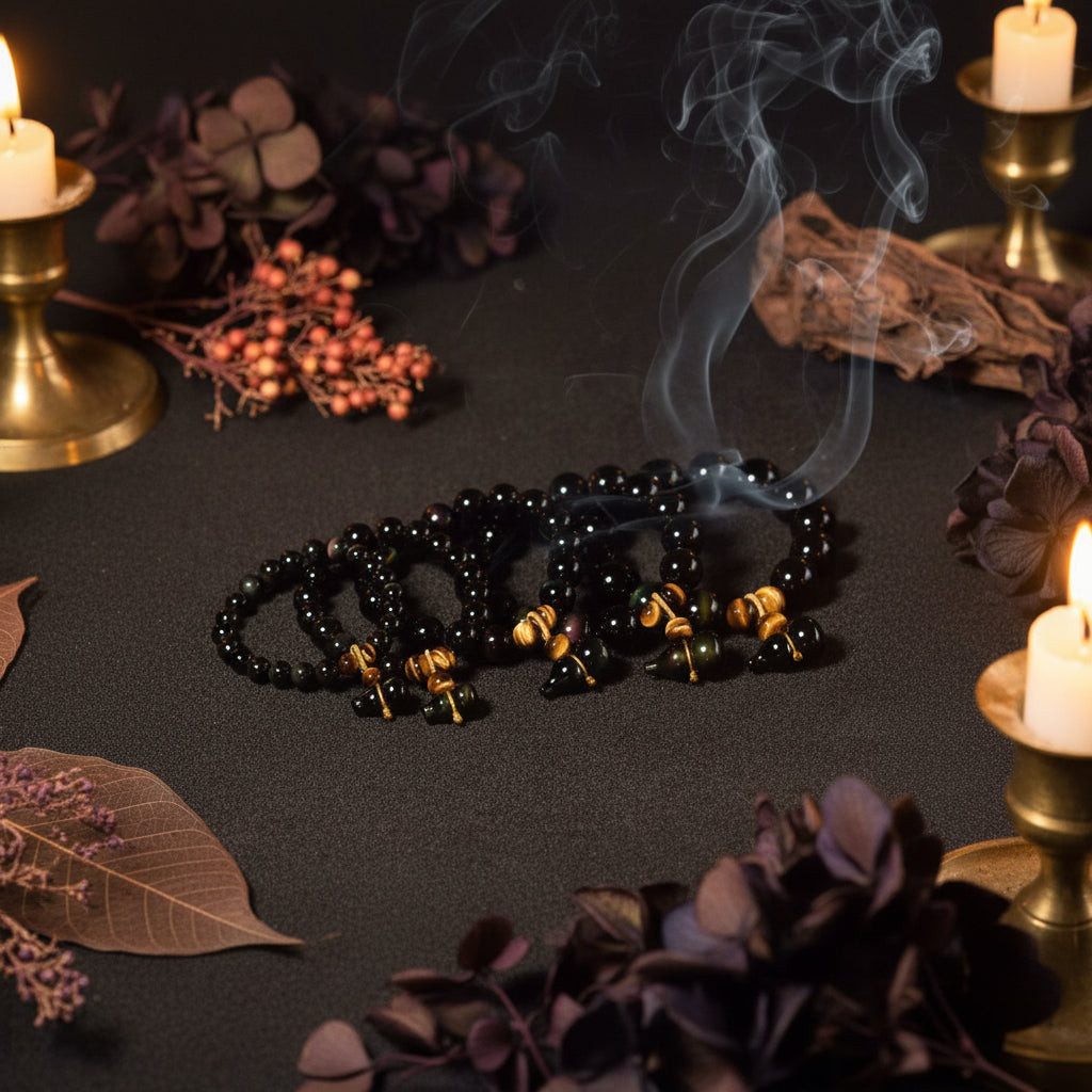 Five black beaded stretch bracelets with gold and green tiger's eye accents, arranged on a dark textured surface with dried berries in the background.