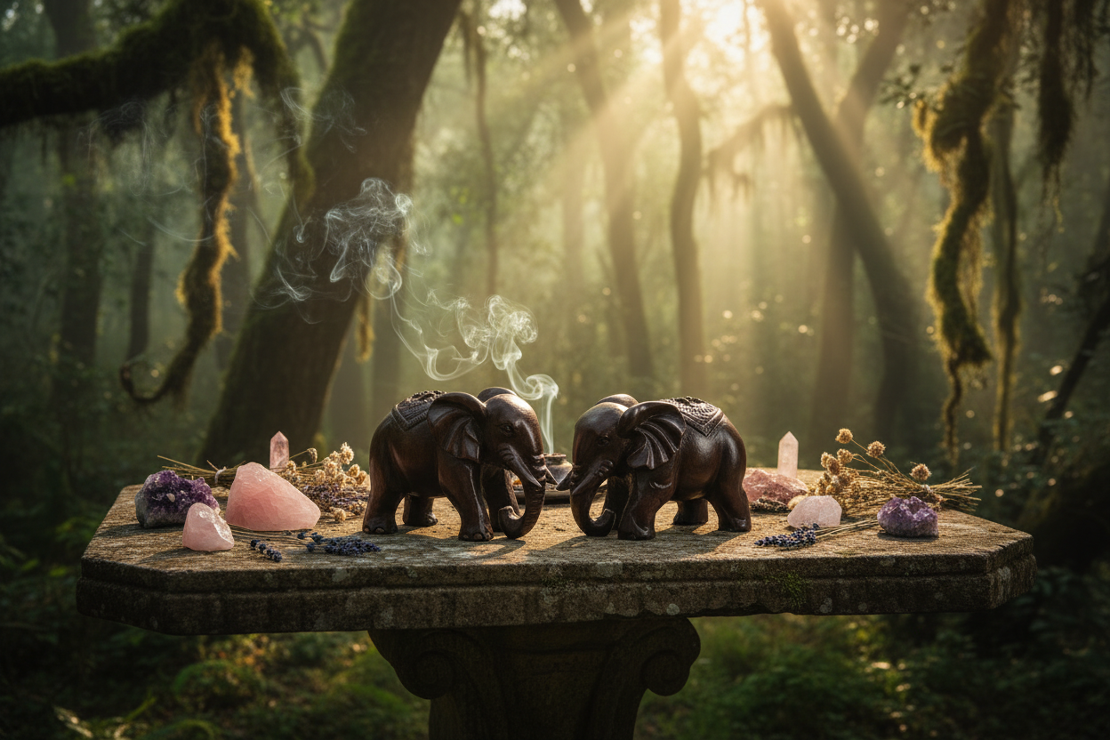 Two carved dark brown elephant figurines standing side by side on a woven straw mat.