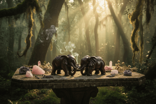 Two carved dark brown elephant figurines standing side by side on a woven straw mat.