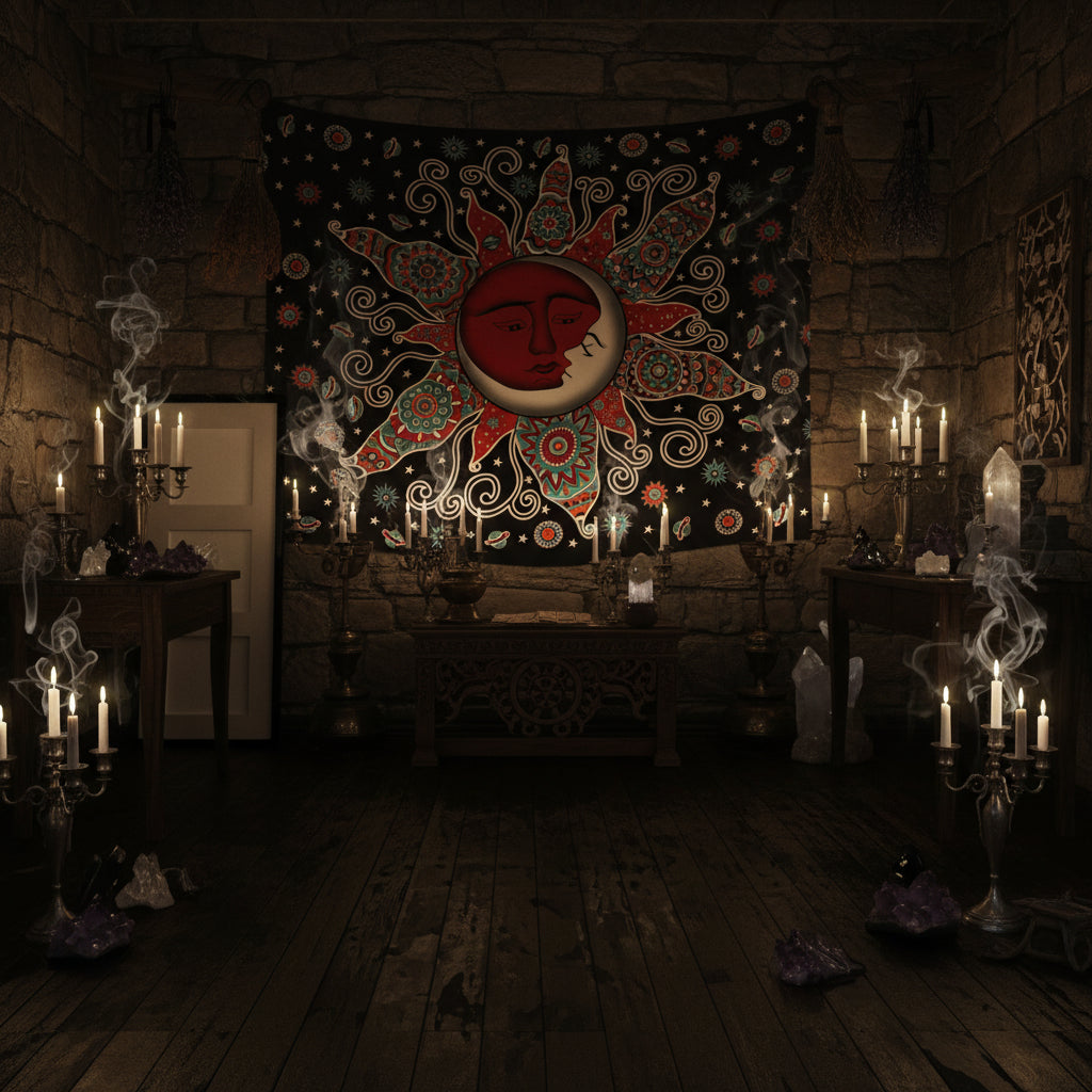 Decorative tapestry with sun and moon design hanging on a wall.