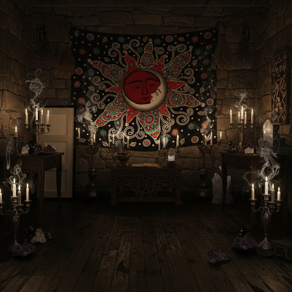 Decorative tapestry with sun and moon design hanging on a wall.