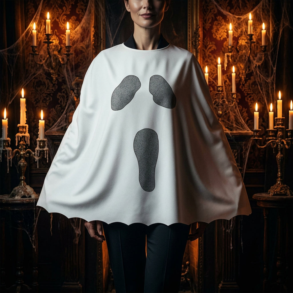 White ghost-themed shirt with black footprints on a white background