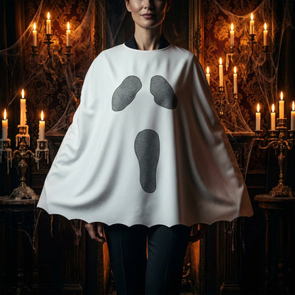 White ghost-themed shirt with black footprints on a white background