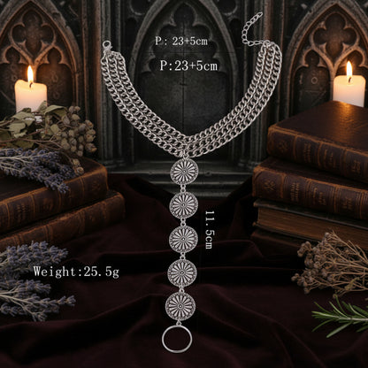 Silver necklace with measurements on a white background