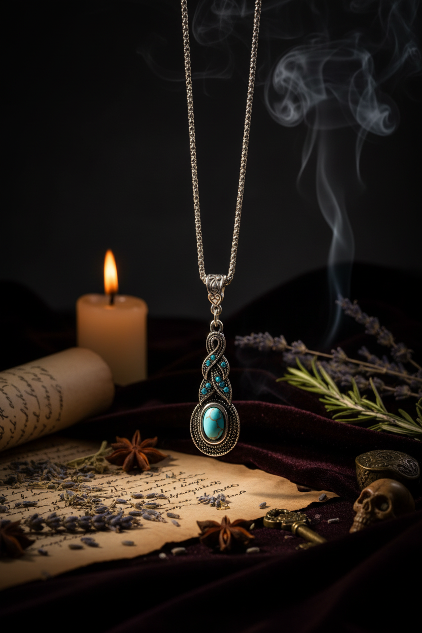 A silver-toned teardrop pendant necklace with a central turquoise blue stone and small blue accent stones, displayed on a white wooden stand.