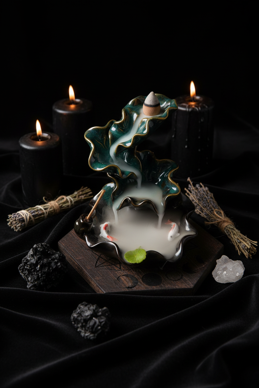 A decorative ceramic fish-shaped incense burner with a glossy teal, black, and gold glaze, featuring painted koi fish and a small green lotus leaf, shown on a textured beige fabric surface.