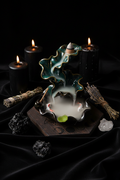 A decorative ceramic fish-shaped incense burner with a glossy teal, black, and gold glaze, featuring painted koi fish and a small green lotus leaf, shown on a textured beige fabric surface.