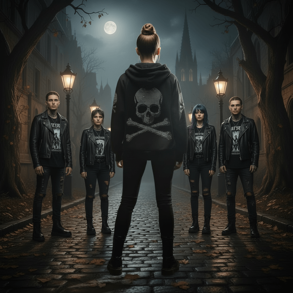 Black pullover hoodie shown from the back, featuring a large skull and crossbones graphic embellished with silver rhinestones on the center back, with smaller matching skull graphics on both sleeves. The hoodie is photographed hanging against a light gray textured backdrop.
