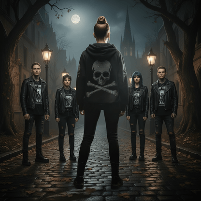 Black pullover hoodie shown from the back, featuring a large skull and crossbones graphic embellished with silver rhinestones on the center back, with smaller matching skull graphics on both sleeves. The hoodie is photographed hanging against a light gray textured backdrop.