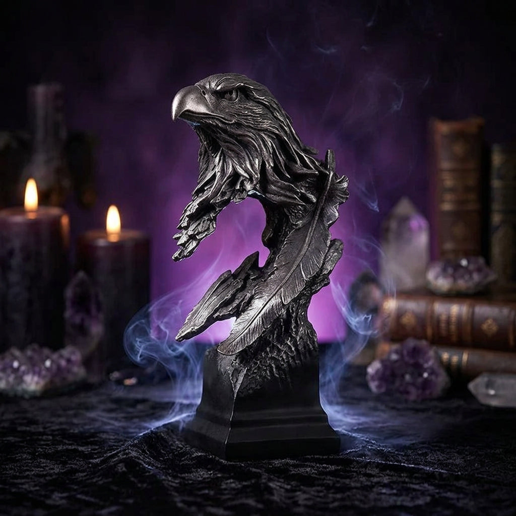 Bronze sculpture of an eagle on a wooden surface with a blurred background