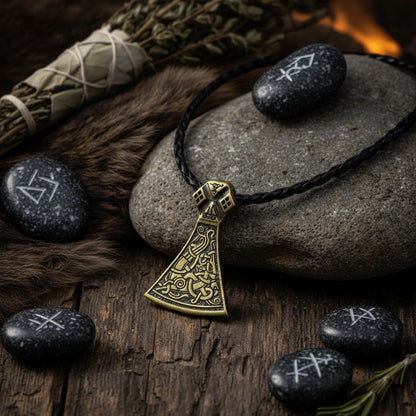 Decorative pendant on a black cord lying on wooden surface
