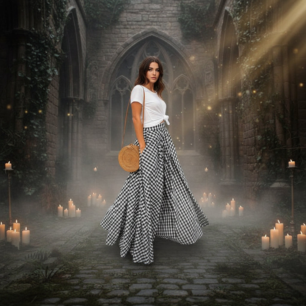 Person wearing a black and white checkered skirt with a woven bag on a neutral background