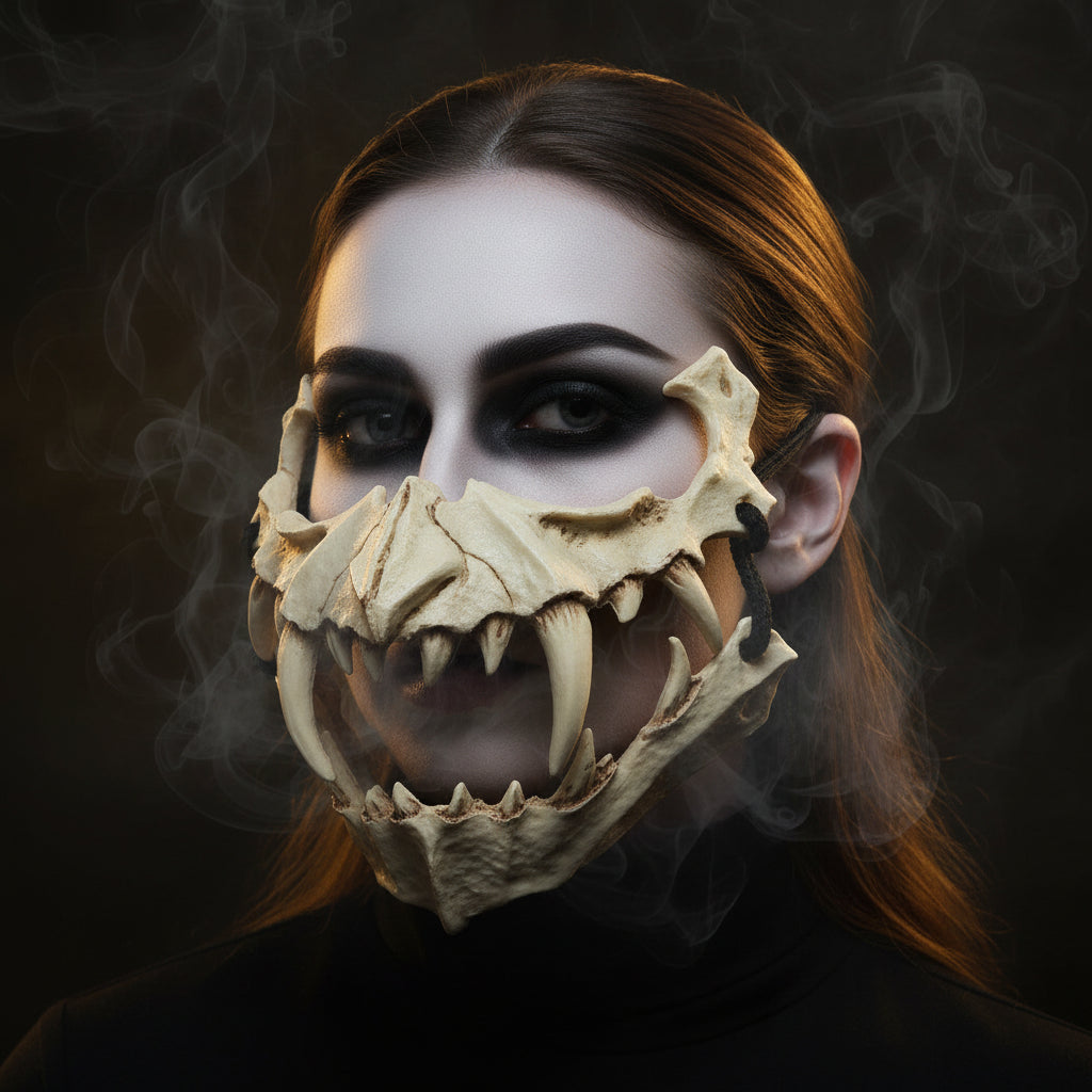A skull-style monster mask with large white teeth and black cord straps, photographed against a dark gray background.