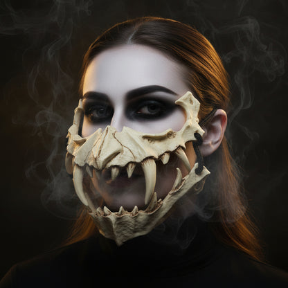 A skull-style monster mask with large white teeth and black cord straps, photographed against a dark gray background.