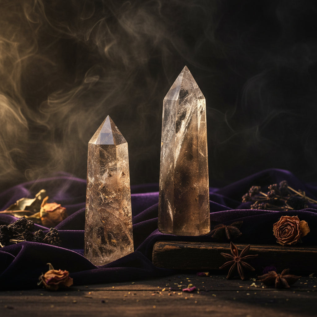 Two crystal towers on a white surface with a blurred background