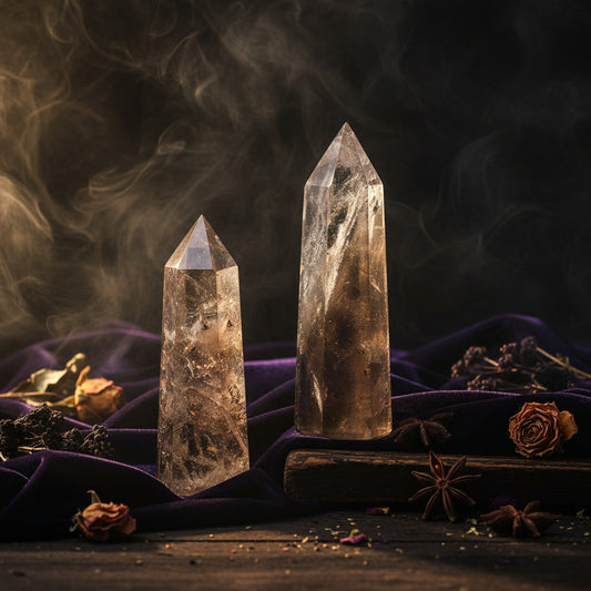 Two crystal towers on a white surface with a blurred background