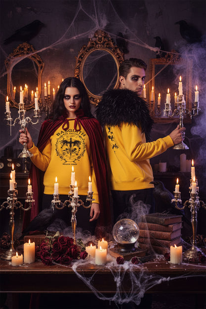 Yellow sweatshirt with black graphics on a white background