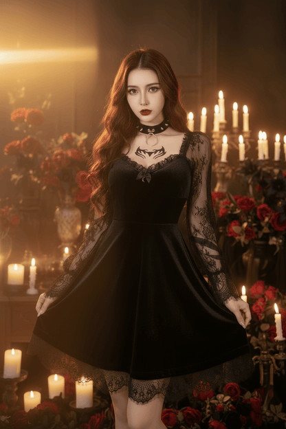A woman modeling a black gothic-style dress with sheer long sleeves, lace trim, and a flared skirt in an indoor room setting.