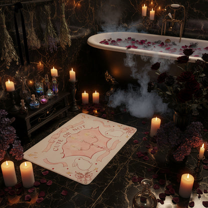 A rectangular floor mat with a cute pink and beige design featuring the text 'CUTE OR NOT', candles, rabbits, and ribbon motifs, placed on a wooden floor next to a white piano keyboard and a white bowl.