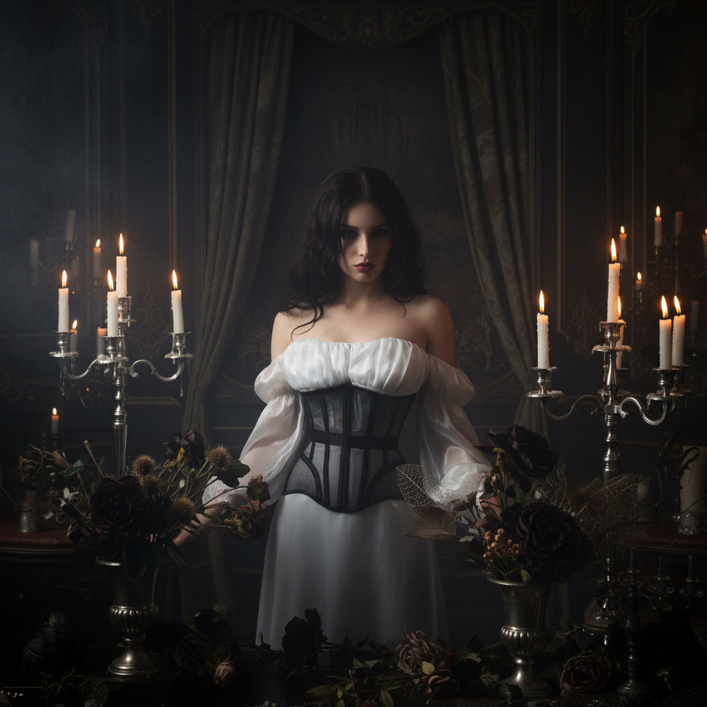 A close-up of a model wearing a black and white sheer mesh corset-style waist trainer over a white ruffled top, with black sleeves visible on both sides.