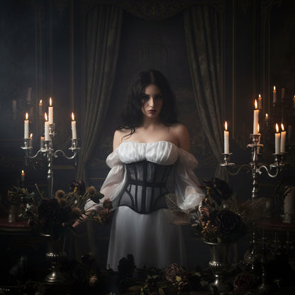A close-up of a model wearing a black and white sheer mesh corset-style waist trainer over a white ruffled top, with black sleeves visible on both sides.