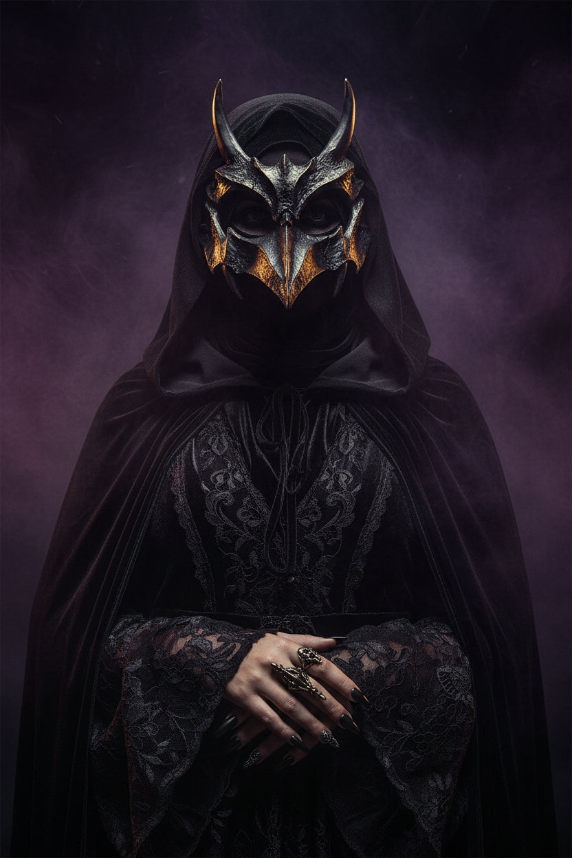 Black dragon-themed mask with sharp horns, textured scales, and ear holes with hanging cords, shown against a plain white background.