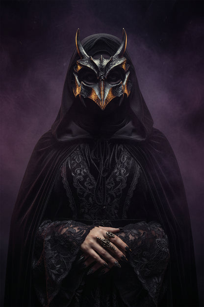 Black dragon-themed mask with sharp horns, textured scales, and ear holes with hanging cords, shown against a plain white background.