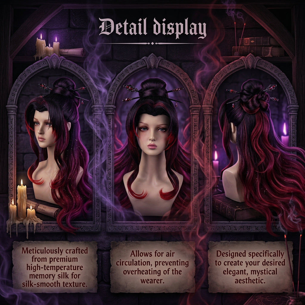 Three views of a long black wig with red ombre highlights on a mannequin head, under the heading 'Detail display' on a white background with descriptive text boxes below each view.
