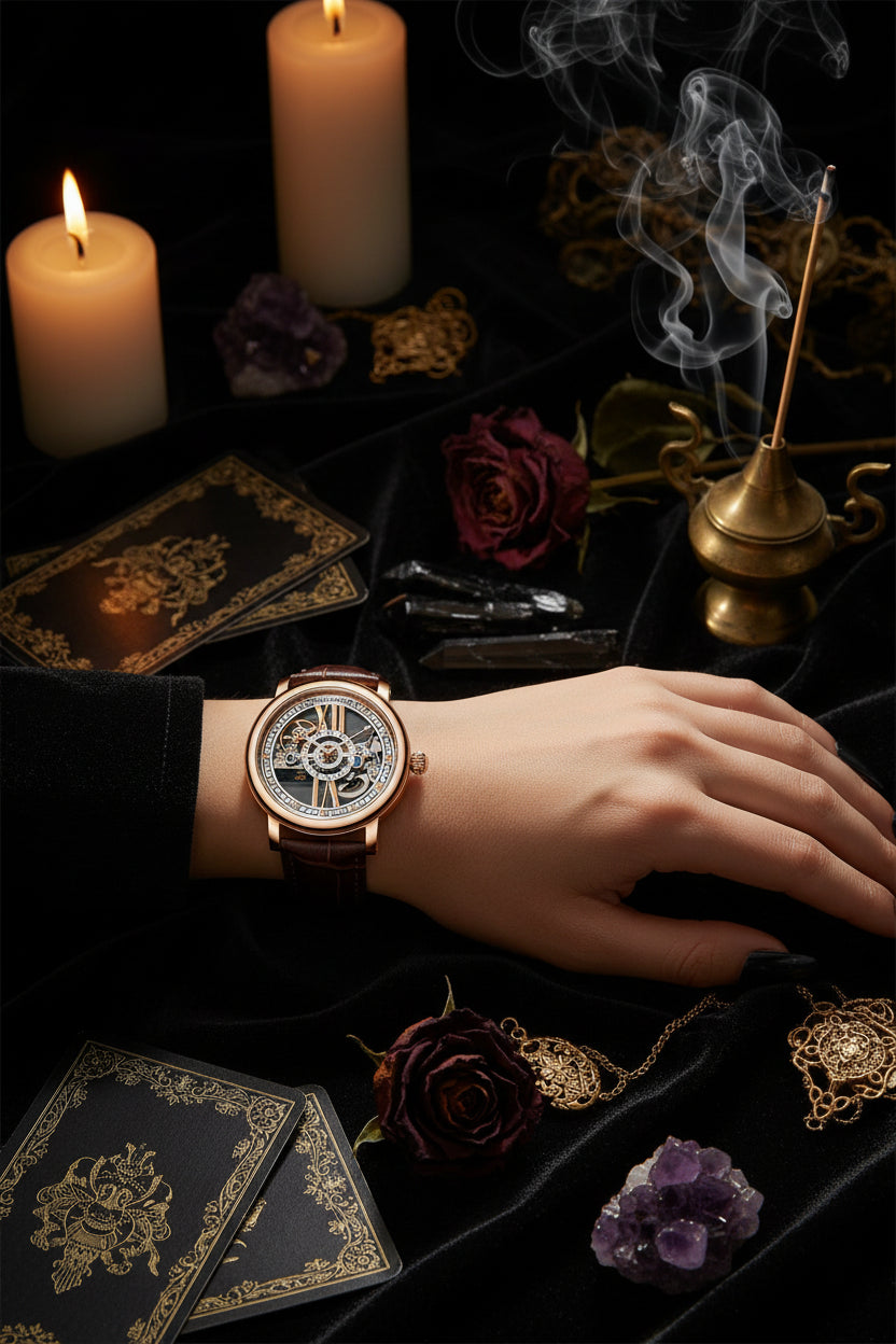 Luxury watch with brown leather strap on a gray and white checkered background