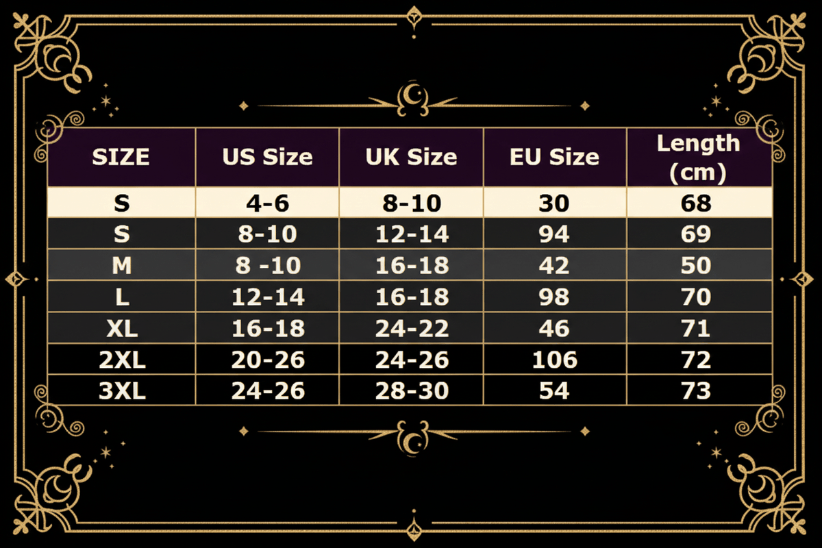 Size chart comparing US, UK, and EU sizes with corresponding bust and length measurements.