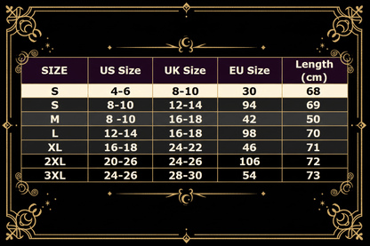 Size chart comparing US, UK, and EU sizes with corresponding bust and length measurements.